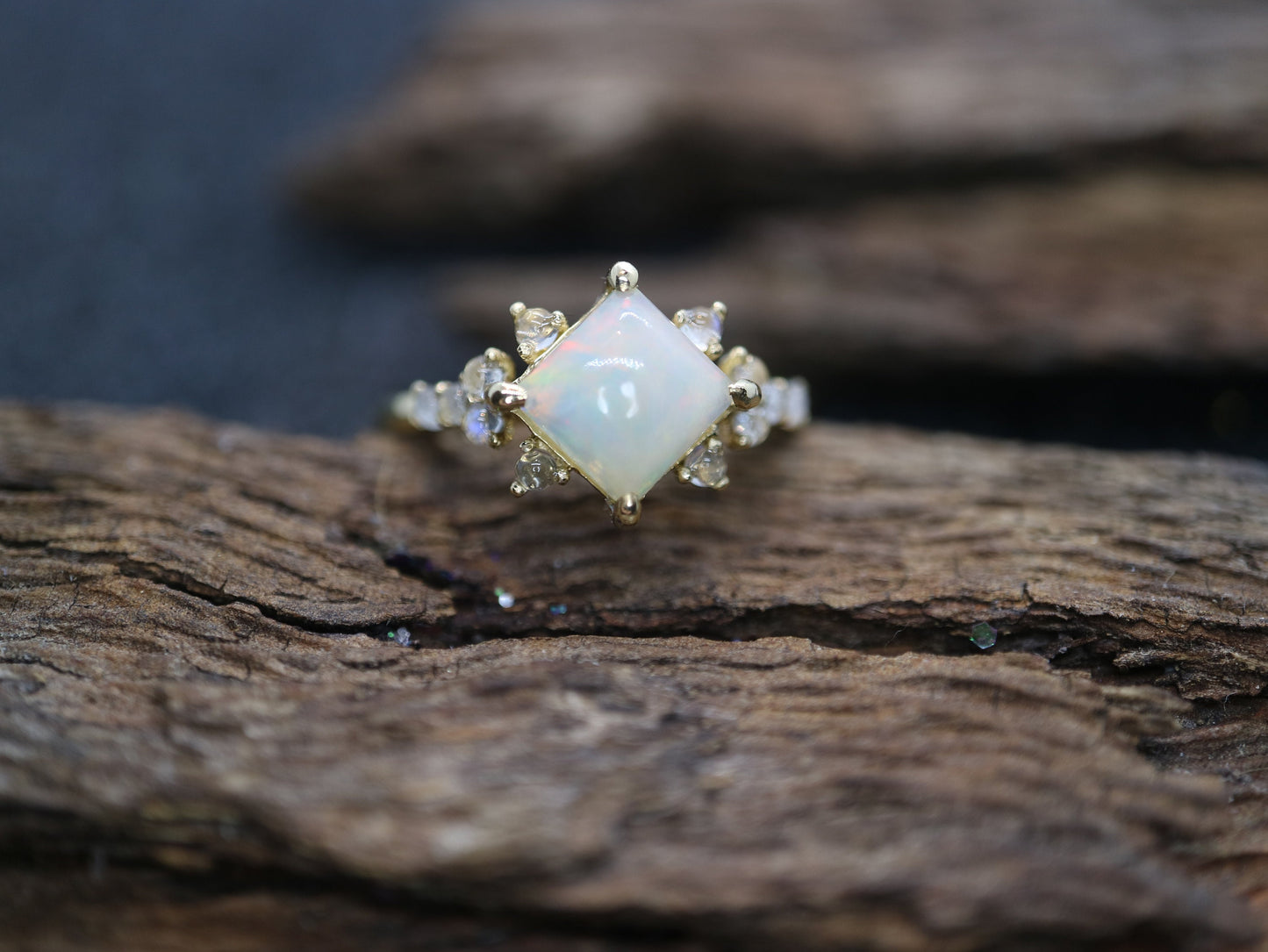 Opal in moonstone setting, 14k gold opal with moonstone cluster ring