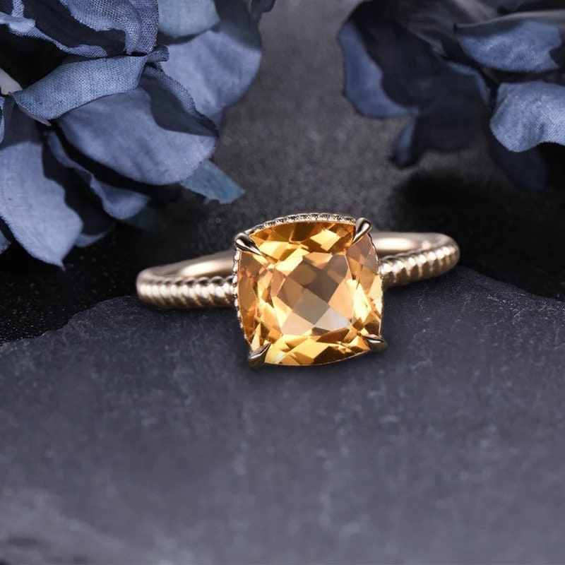 14k Solid Gold 1.8Ct Cusion Cut Natural Citrine Engagement Ring Wedding Ring