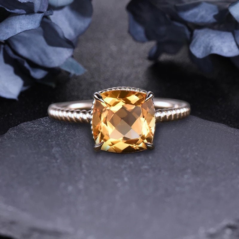 14k Solid Gold 1.8Ct Cusion Cut Natural Citrine Engagement Ring Wedding Ring