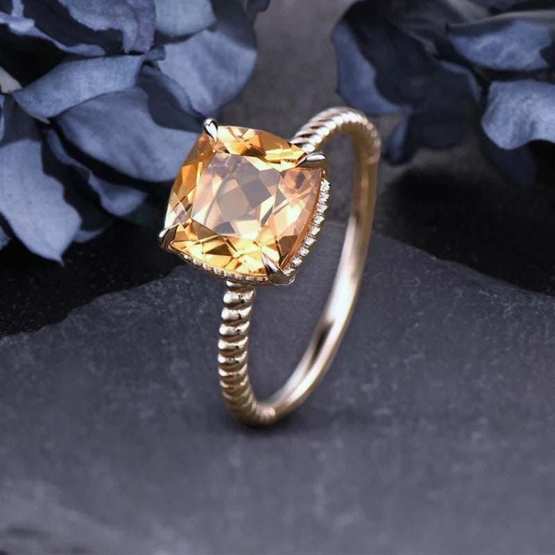 14k Solid Gold 1.8Ct Cusion Cut Natural Citrine Engagement Ring Wedding Ring