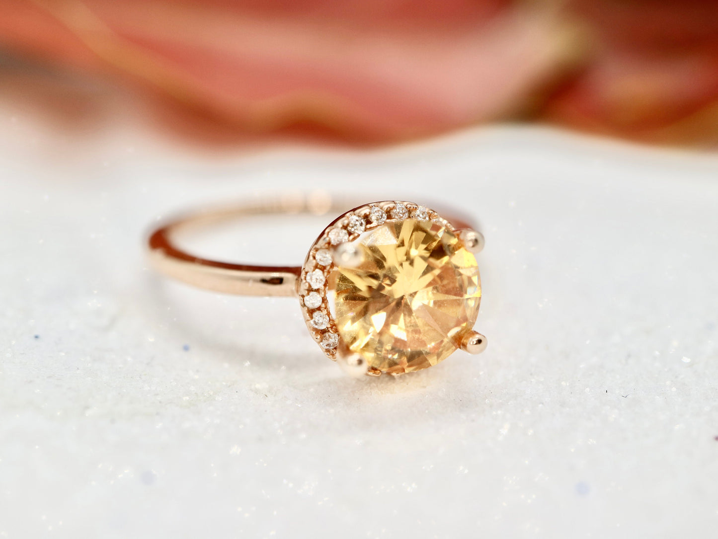 Rose gold engagement ring, Morganite Round shaped halo diamond women bridal wedding ring, Half Eternity anniversary gift for her