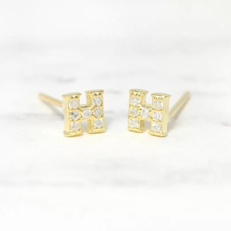 925 sterling silver Tiny Alphabet initial letter Stud earring, Sterling silver CZ stud earring