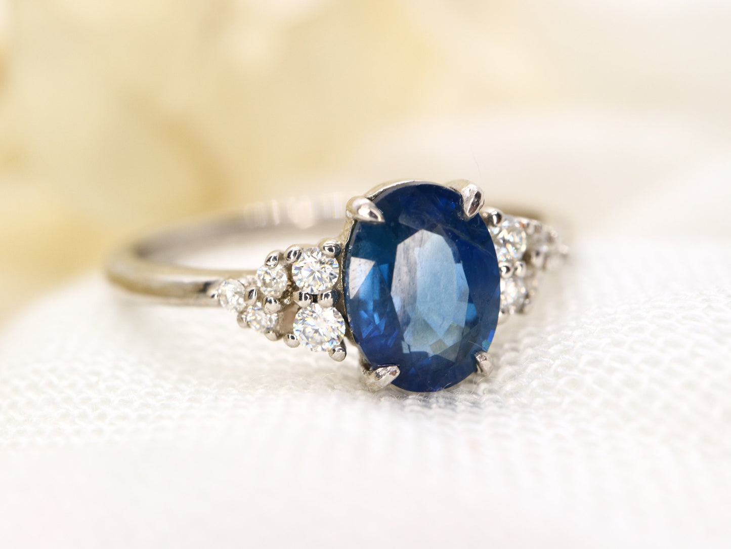 14k white gold natural sapphire and diamond ring, Sapphire cluster diamond ring