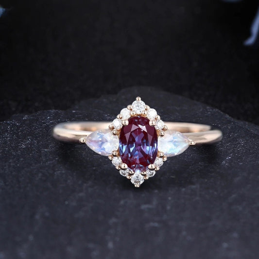 14k solid gold Alexandrine ring, Alexandrite engagement ring, Oval shaped Alexandrine ring