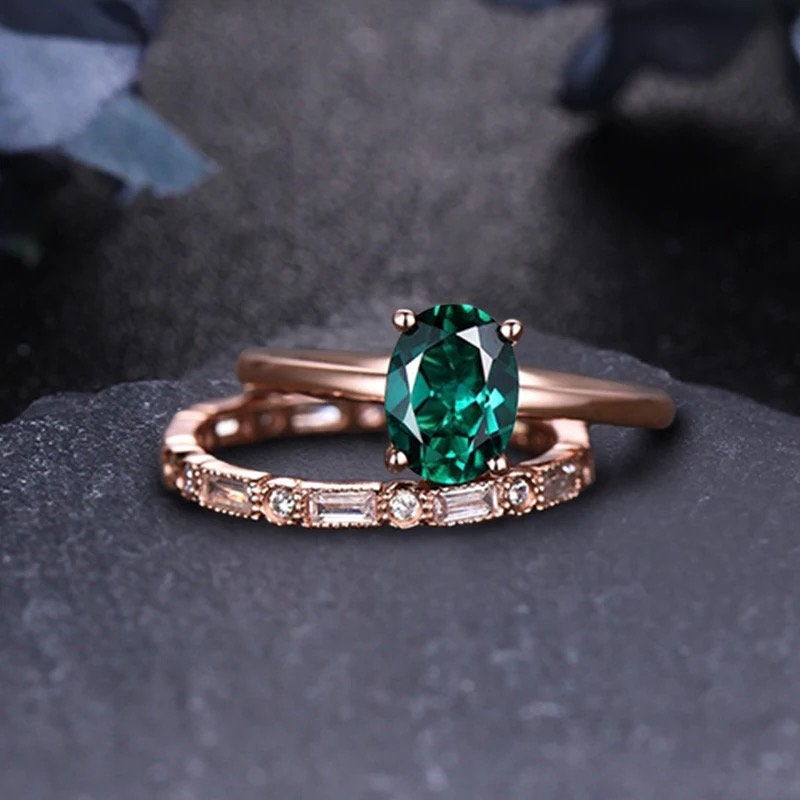 14k Solid Gold 1.2Ct Oval Cut Lab Created Emerald Engagement Ring Set