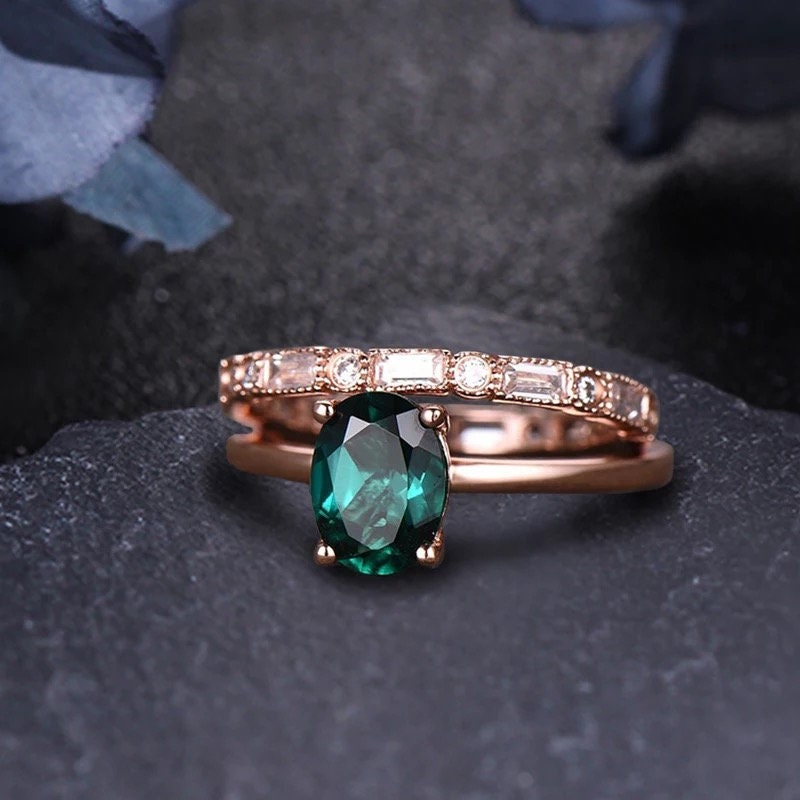 14k Solid Gold 1.2Ct Oval Cut Lab Created Emerald Engagement Ring Set