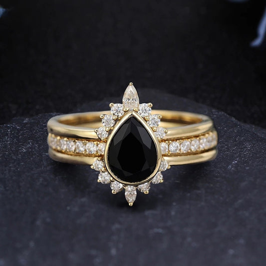 14k Solid Gold 1.25CT Pear Cut Natural Black Onyx Engagement Ring Wedding Ring