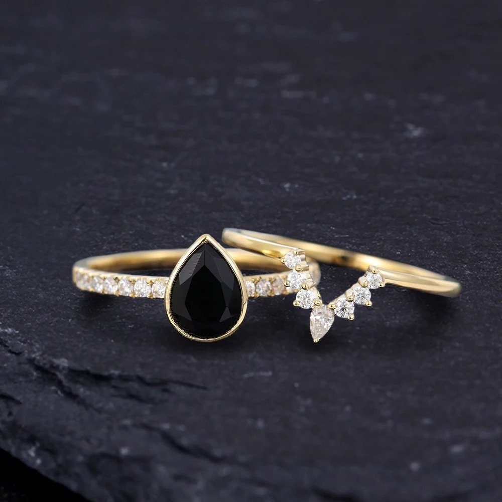 14k Solid Gold 1.25CT Pear Cut Natural Black Onyx Engagement Ring Wedding Ring