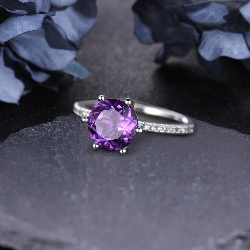 14k Solid Gold 1.3Ct Round Cut Amethyst Engagement Ring Wedding Ring