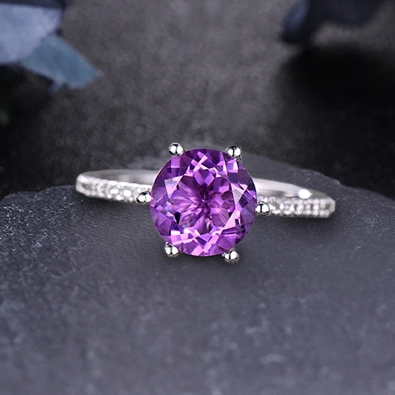 14k Solid Gold 1.3Ct Round Cut Amethyst Engagement Ring Wedding Ring