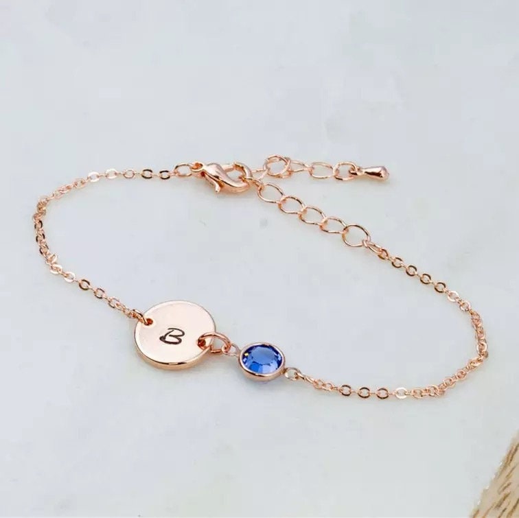 Gold plated disc initial engrave birthstone bracelet