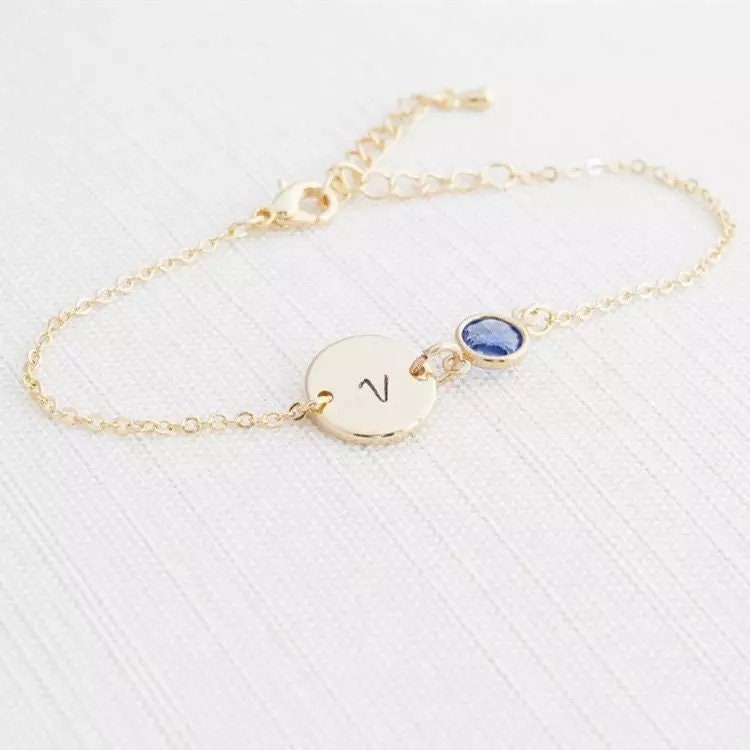 Gold plated disc initial engrave birthstone bracelet