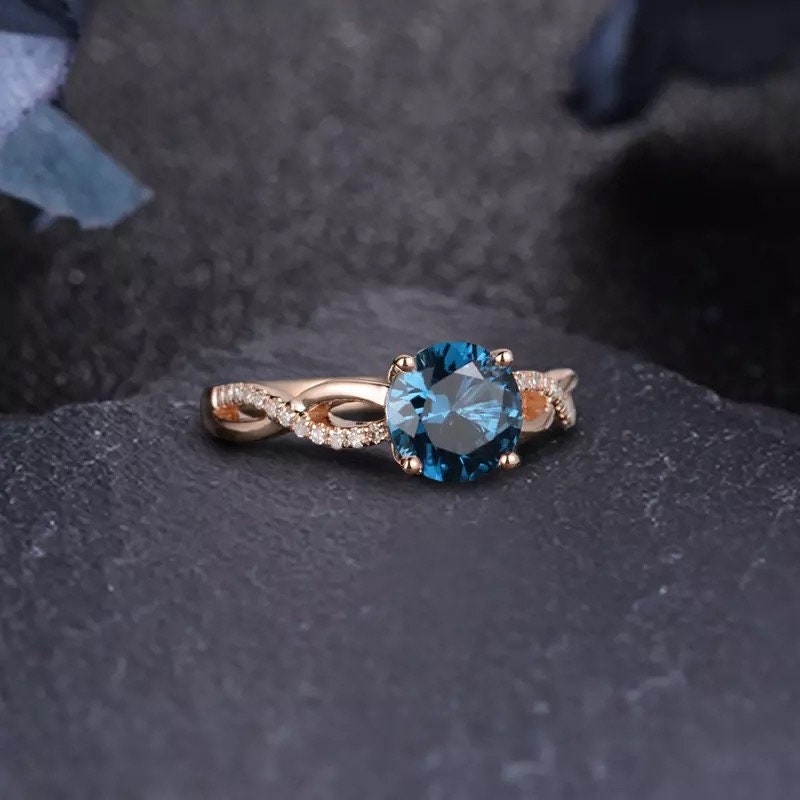 14k Solid Gold 2.0Ct Round Cut London Blue Topaz Engagement Ring Wedding Ring