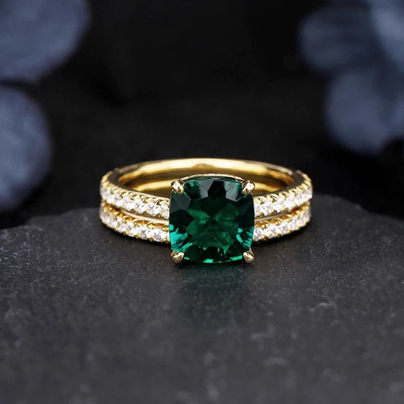 14k Solid Gold 2.0Ct Cusion Cut Lab Created Emerald Engagement Ring Wedding Ring set