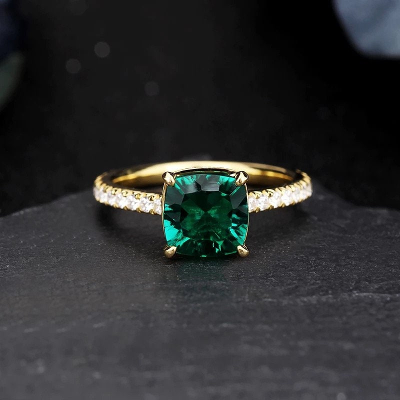 14k Solid Gold 2.0Ct Cusion Cut Lab Created Emerald Engagement Ring Wedding Ring set