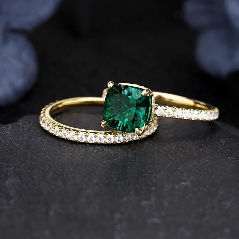 14k Solid Gold 2.0Ct Cusion Cut Lab Created Emerald Engagement Ring Wedding Ring set