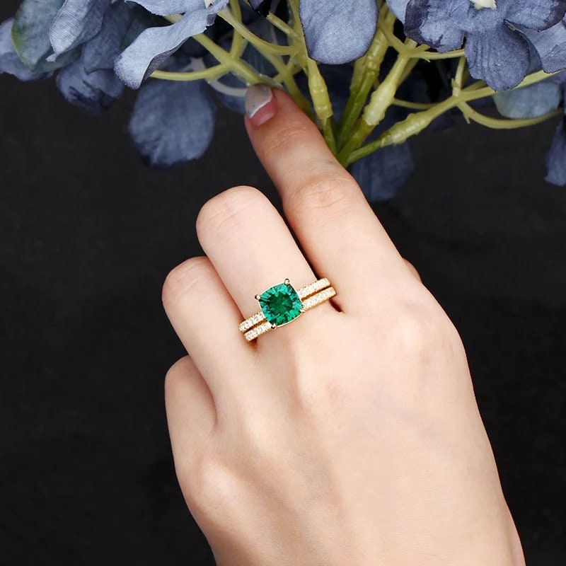 14k Solid Gold 2.0Ct Cusion Cut Lab Created Emerald Engagement Ring Wedding Ring set