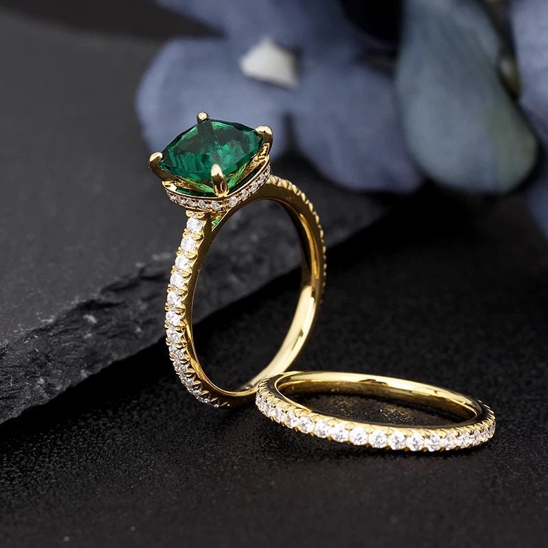 14k Solid Gold 2.0Ct Cusion Cut Lab Created Emerald Engagement Ring Wedding Ring set